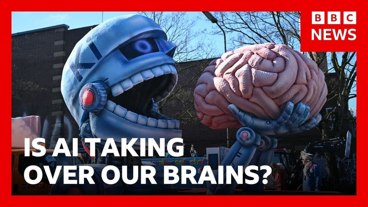 Karnevalsvogn med en robotfigur som holder en gigantisk menneskehjerne opp mot sin åpne munn, ved siden av BBC News-teksten «Is AI taking over our brains?».