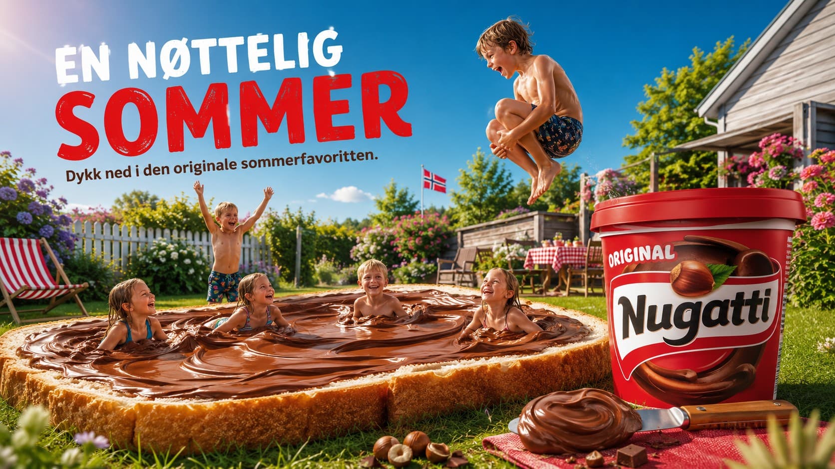AI-generert reklameparodi: barn bader i en gigantisk brødskive med Nugatti-pålegg i en norsk sommerhage, med teksten «En nøttelig sommer».
