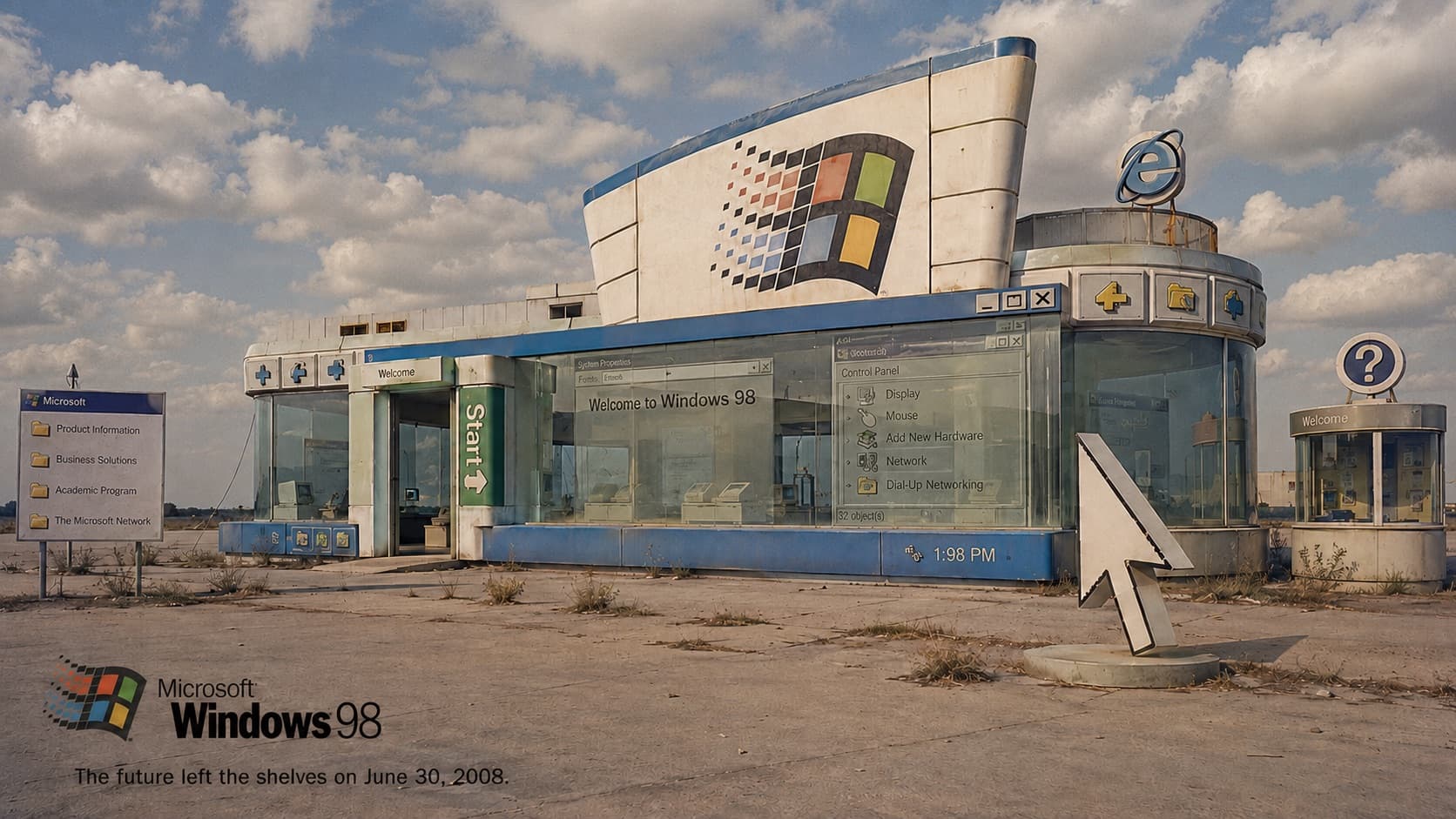 AI-generert reklamebilde: et forlatt utstillingsbygg formet som Windows 98-grensesnittet, med Windows-logoen på taket, glassfasade med «Welcome to Windows 98» og et Kontrollpanel-vindu, en grønn «Start»-inngang, et Internet Explorer-skilt og en gigantisk musepeker-skulptur i et øde ørkenlandskap. Tagline: «The future left the shelves on June 30, 2008».