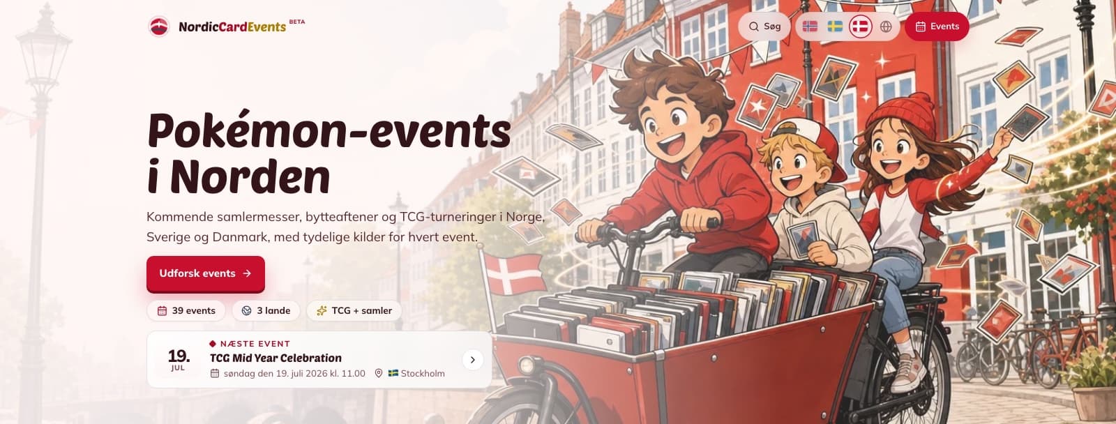 Skjermbilde av NordicCardEvents-forsiden med dansk landstema i rødt og hvitt.